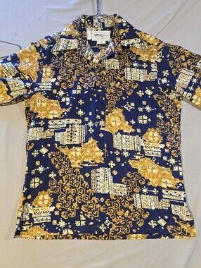 Vintage 70s Tori Richard Honolulu Hawaiian Shirt Mens Medium Blue Gold Pattern